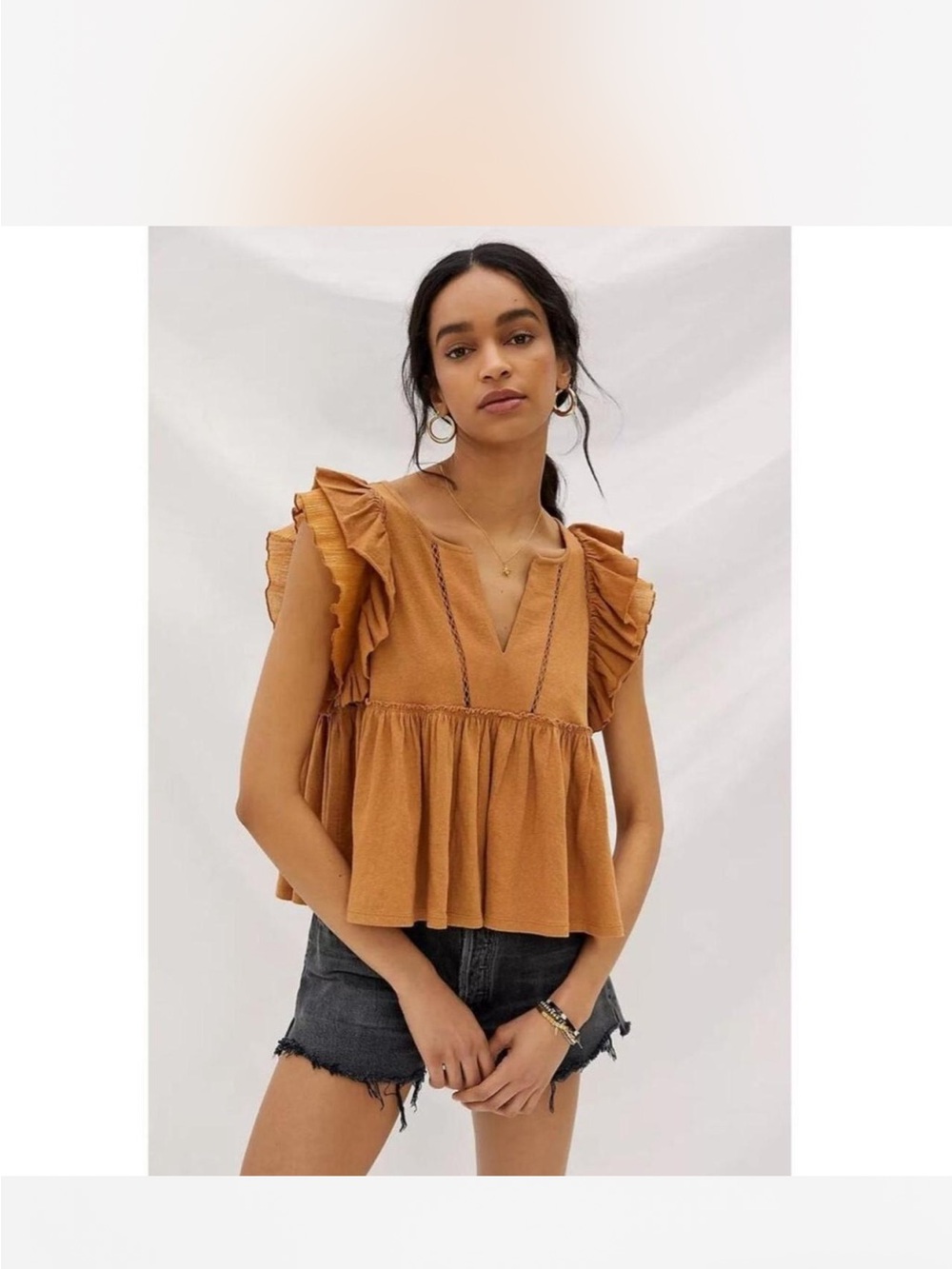 Anthropologie Rust Brown Ruffled Sleeve V-Neck Babydoll Top
